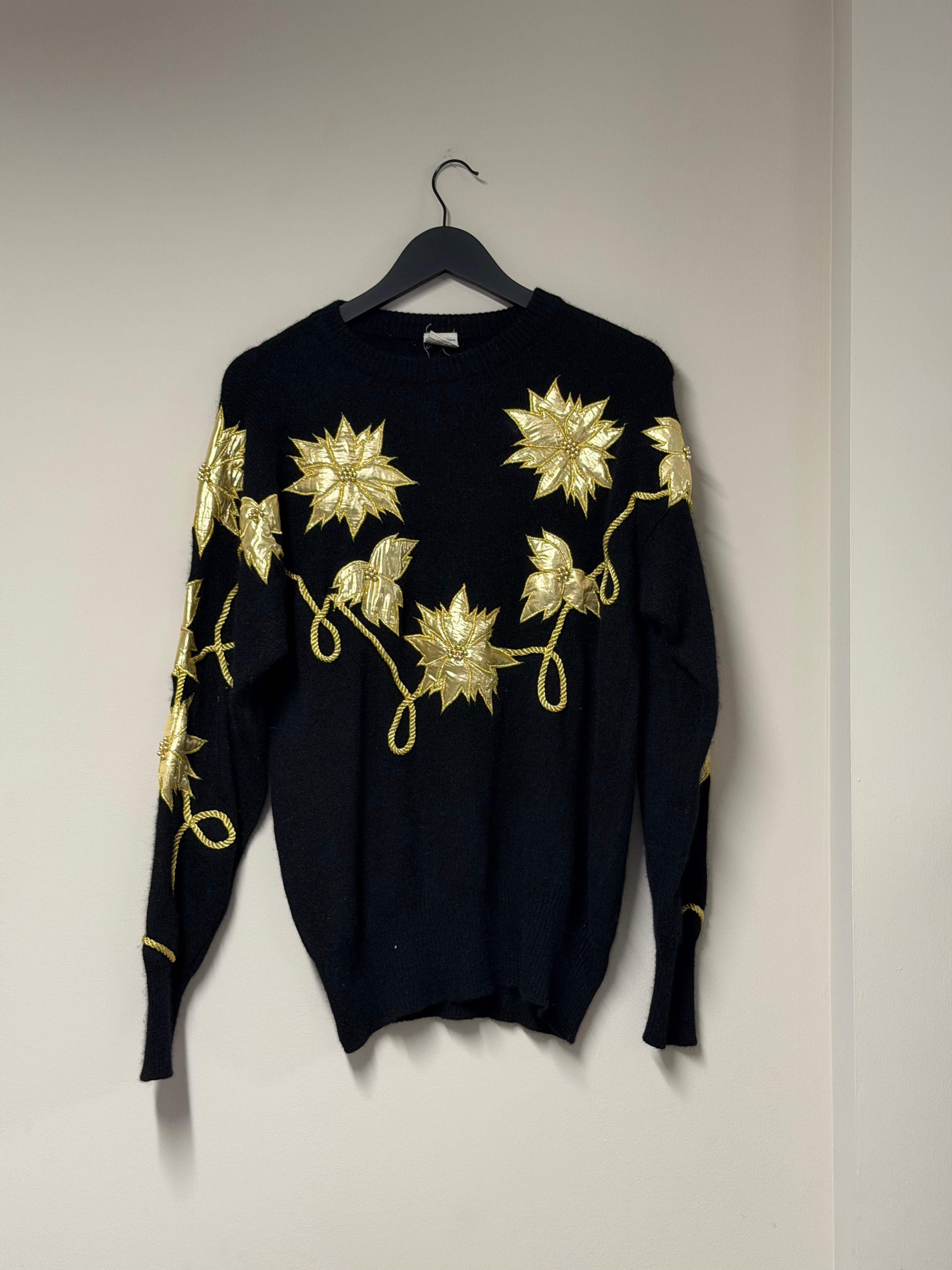 Pull Vintage Noir & Or — Broderies Fleurs Métallisées Frnchlovebread